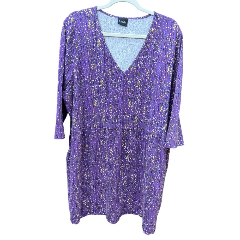 Ulla Popken Purple Floral Tunic Dress Top V-Neck Plus Size 2X Pockets 3/4 sleeve